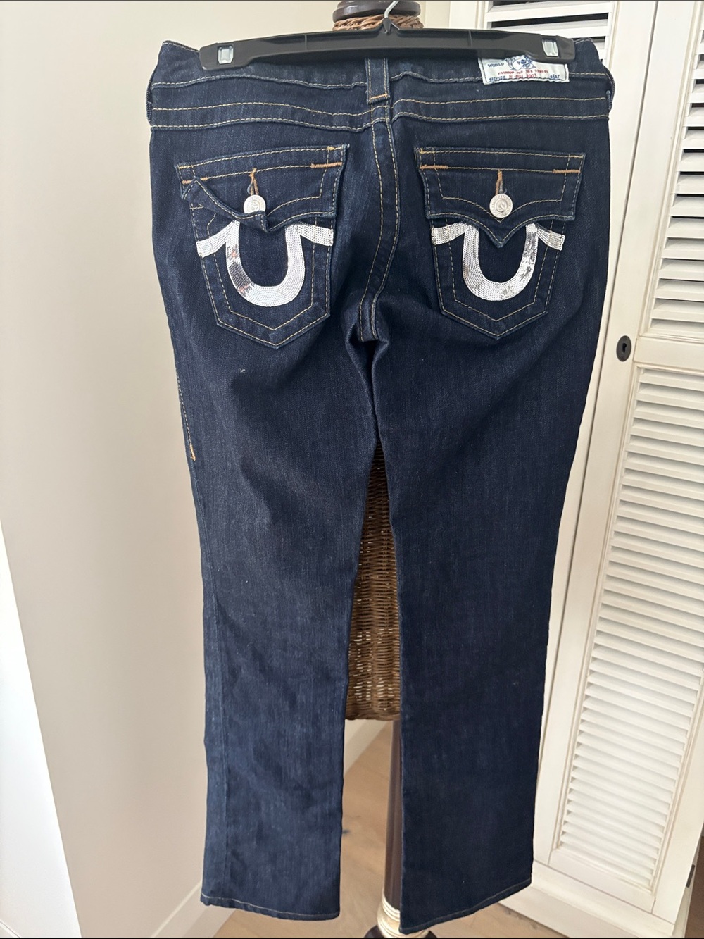 True Religion Dark Blue Women's Straight-Leg Jeans, Sequin pocket detail * 26